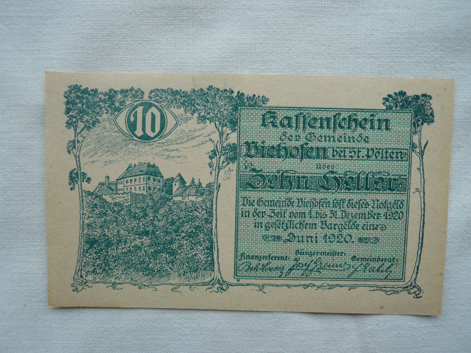 10 Heller, Kassenschein 1920 Rakousko