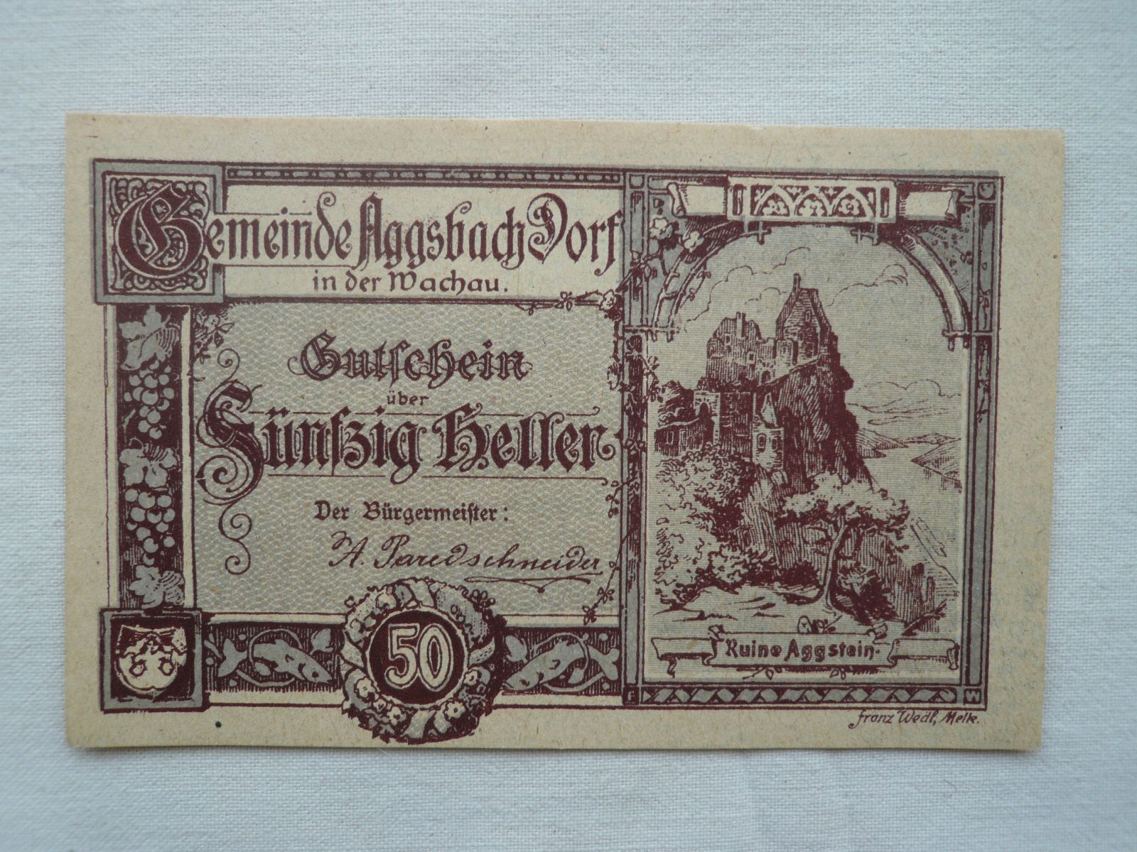 50 Heller, Agsbach Dorf 1920 Rakousko