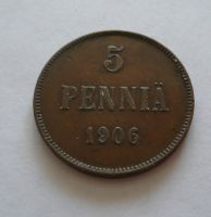 5 Pennia, 1906 PĚKNÝ Finsko pod Ruskem