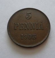 5 Pennia, 1908 STAV! Finsko pod Ruskem