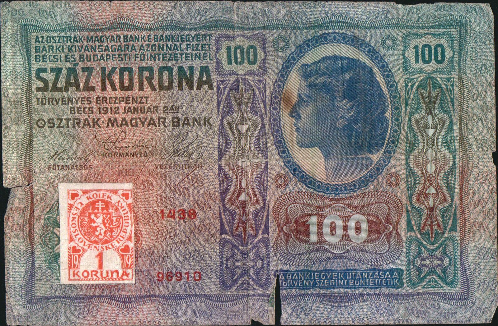 100Kč/1912-18, kolek stříhaný ČSR/, stav 4, série 1436