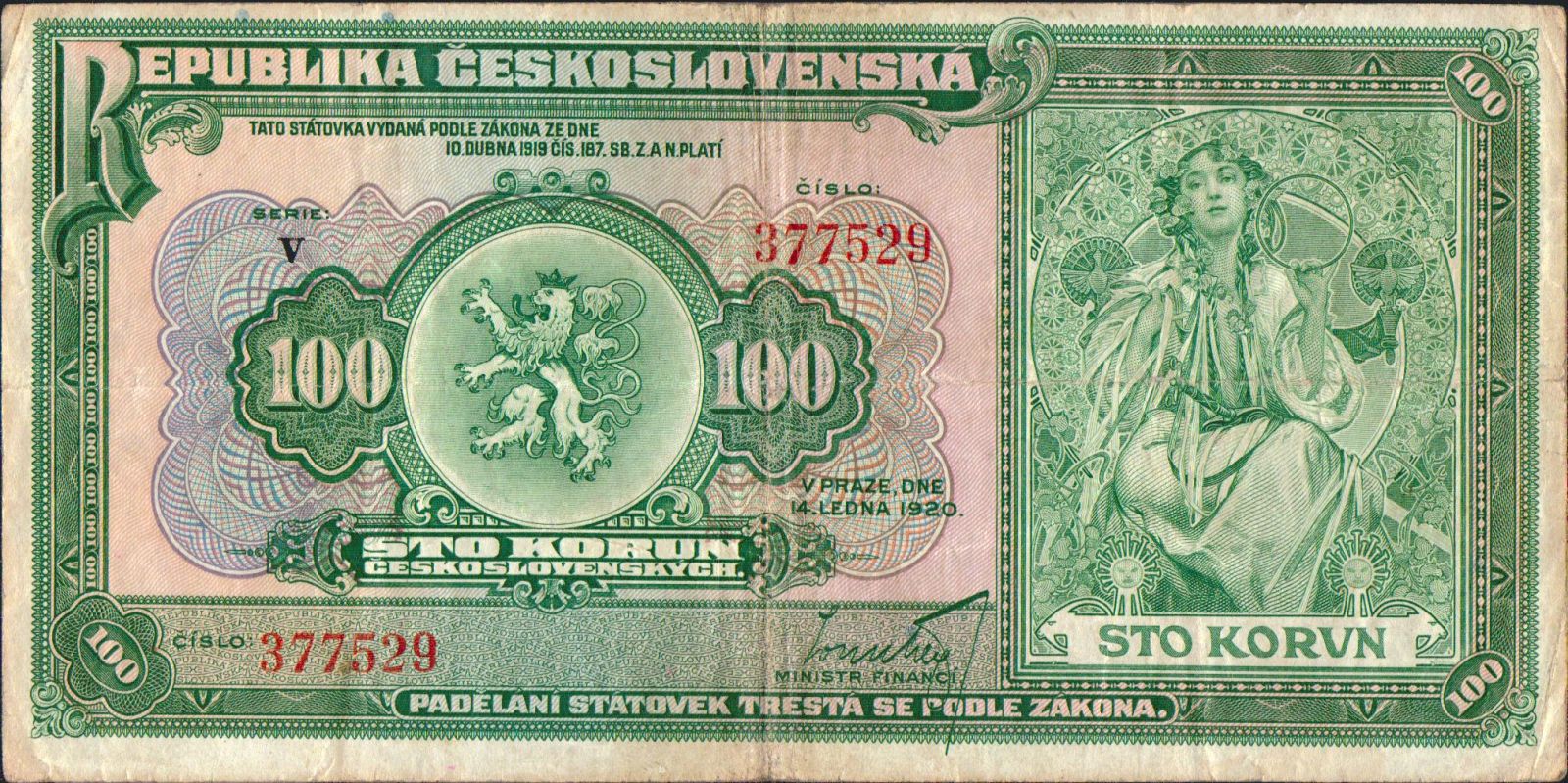 100Kč/1920/, stav 3+, série V