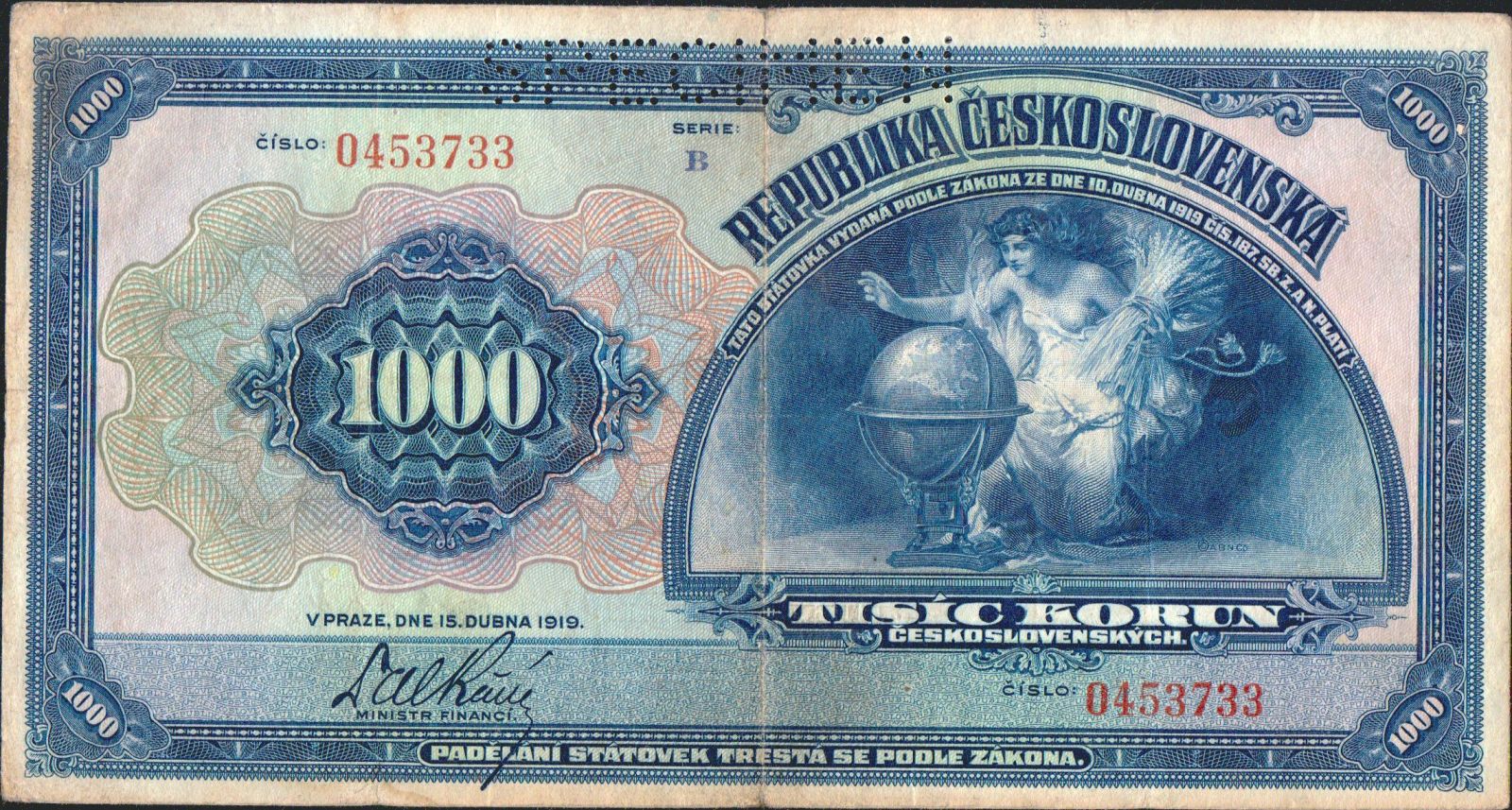 1000Kč/1919/, stav 2+ perf. SPECIMEN, série B
