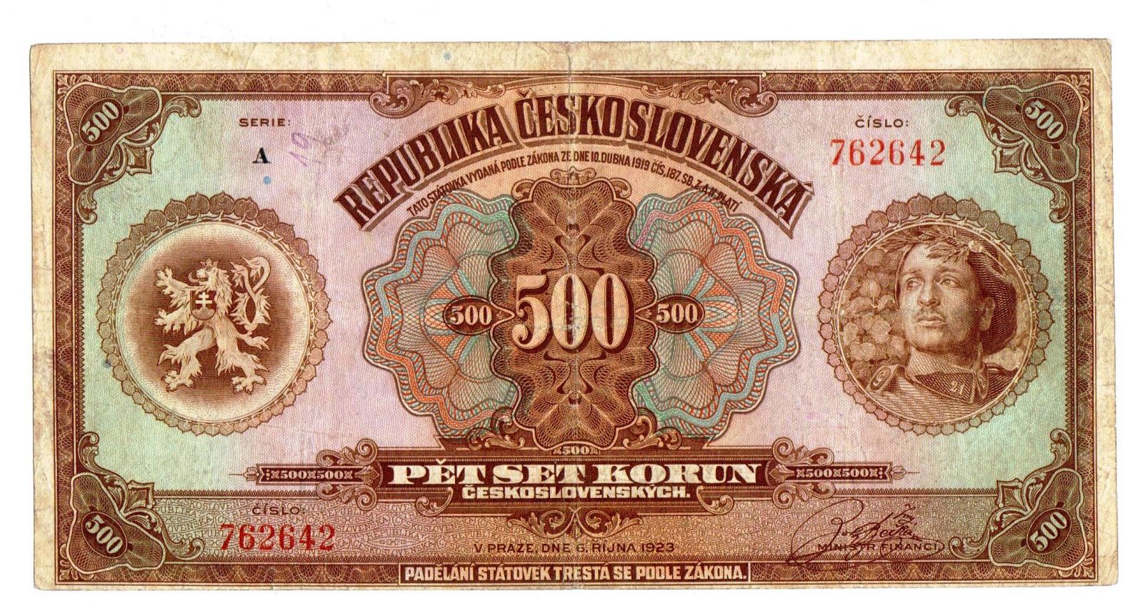 500Kč/1923/, stav 2-3, série A, třetí nejvzácnější bankovka Československa