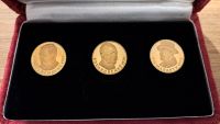 Sada tří zlatých medailí (TGM, Beneš, Havel - Au 750 - celkem 17,15g), originální etue