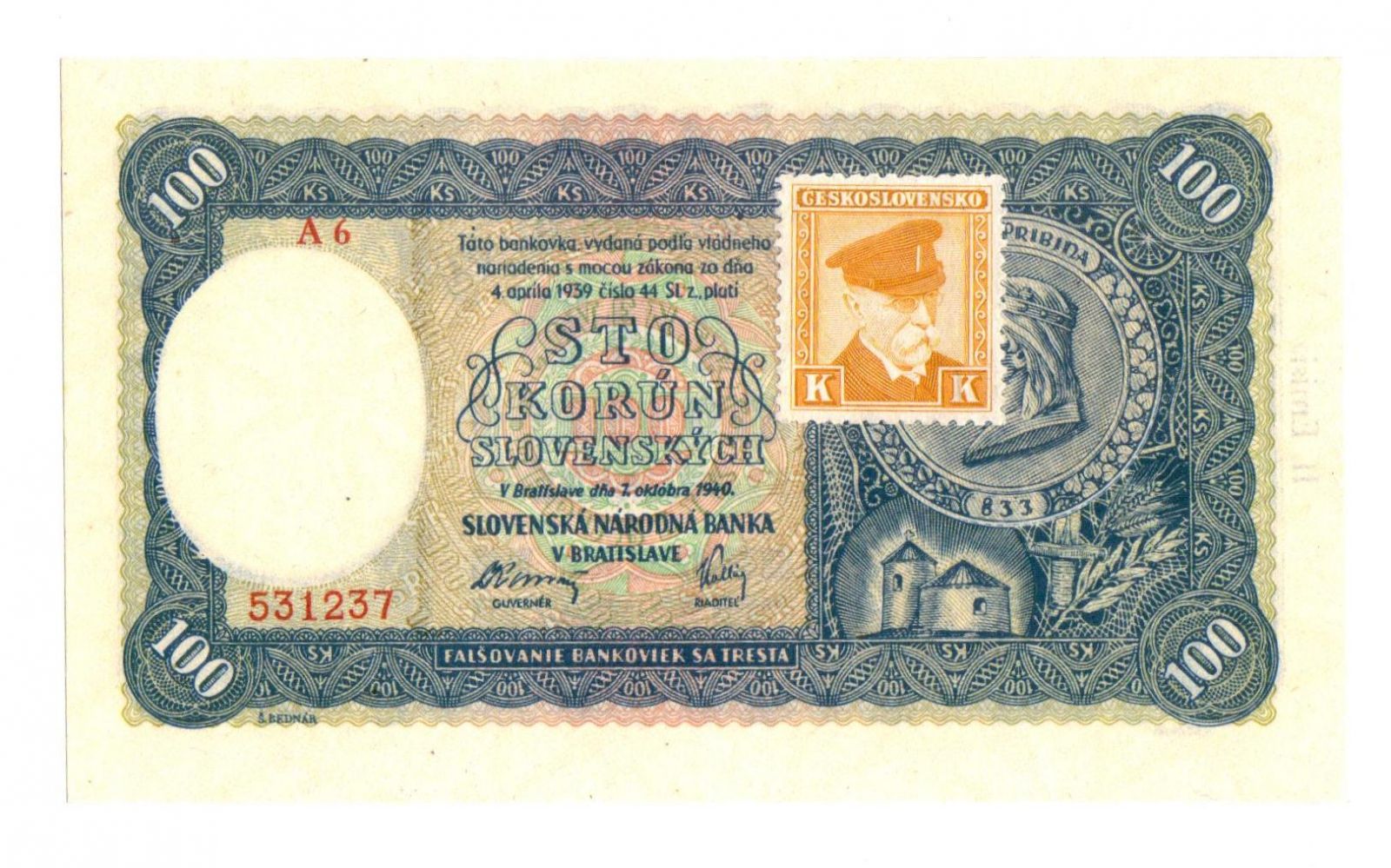 100Ks/1940-kolek ČSR/, stav UNC, série A 6 - II. vydání