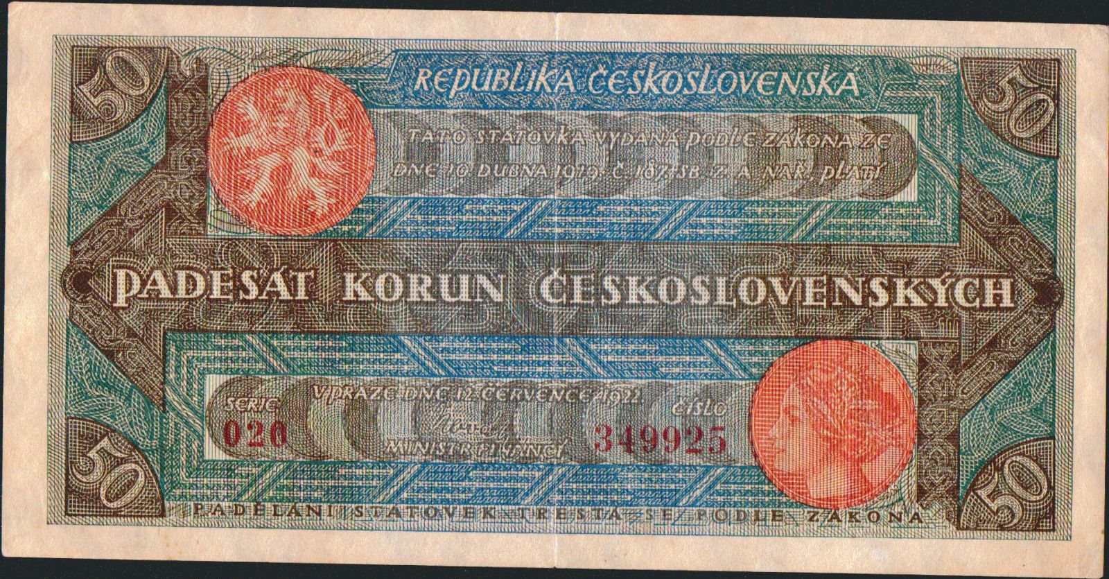 50Kč/1922-rozsévač/, stav 1-, série 020, krásný pevný papír