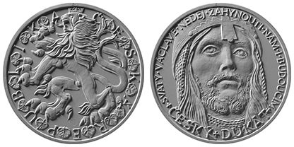 Zlatá obchodní mince s motivem svatého Václava