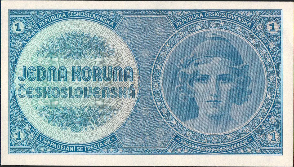 1Kč/1938/, stav UNC, série A 047, bez přetisku