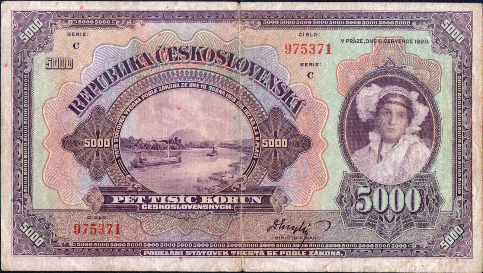 5000Kč/1920/, stav 2, série C, NEPERFOROVANÁ!