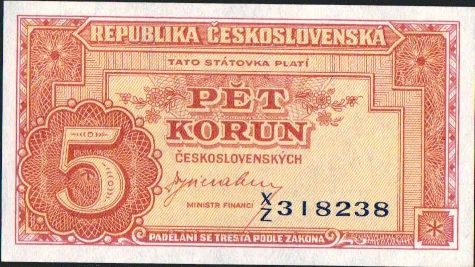5Kčs/1945-bl/, stav UNC, série XZ