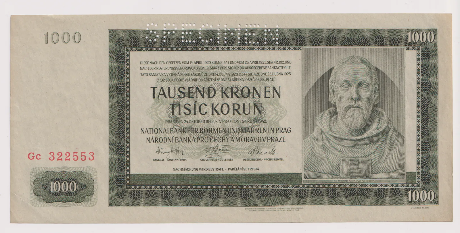 1000 korun 1942 Gc 322553.specimen,PČM