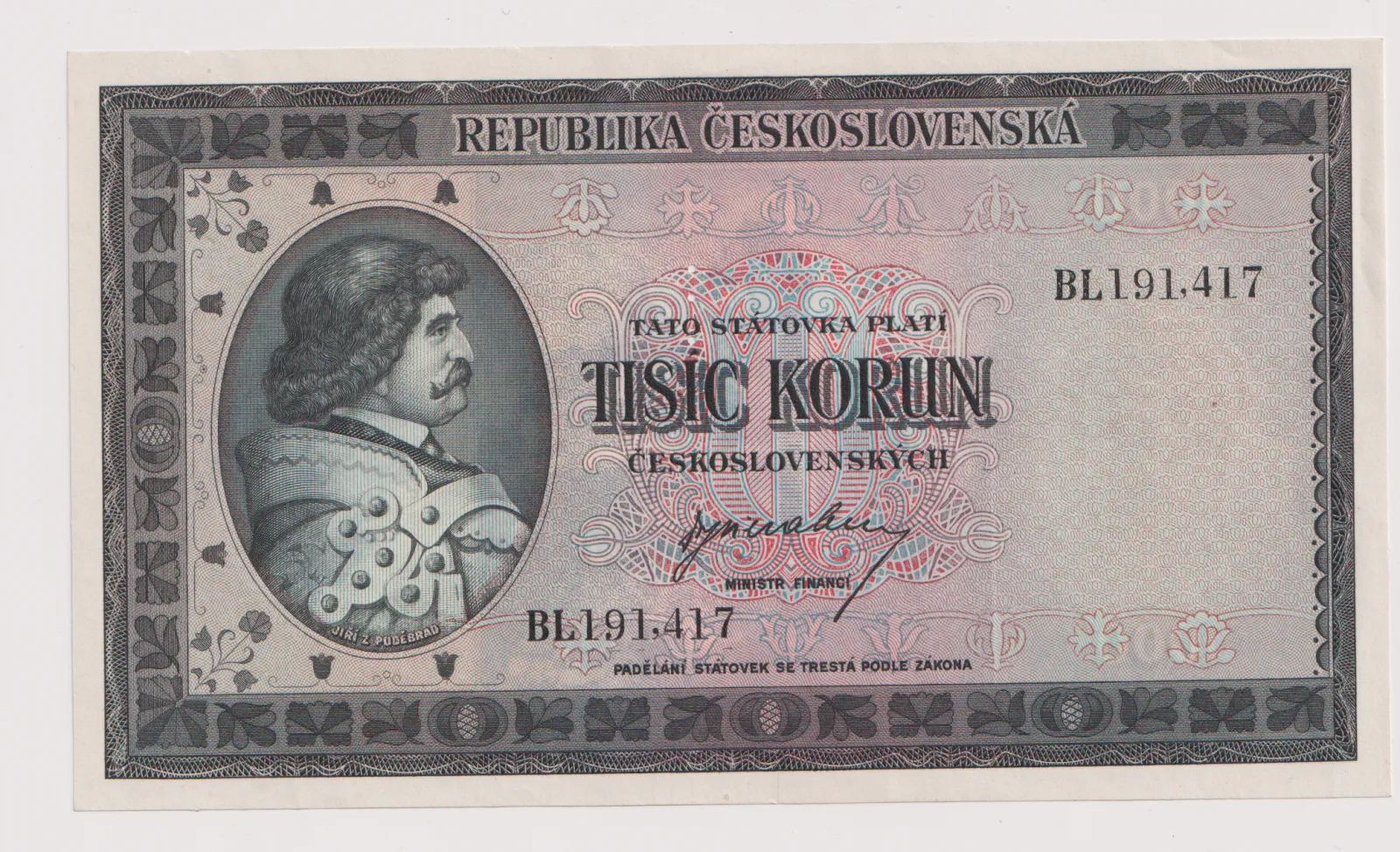 1000 korun 1945 BL-191417,specimen,ČSR