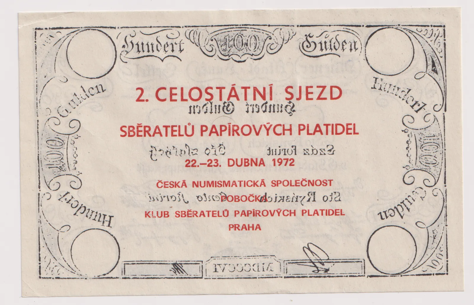 2.celostátní sjezd sběratelů papírových platidel-1972-vstupenka