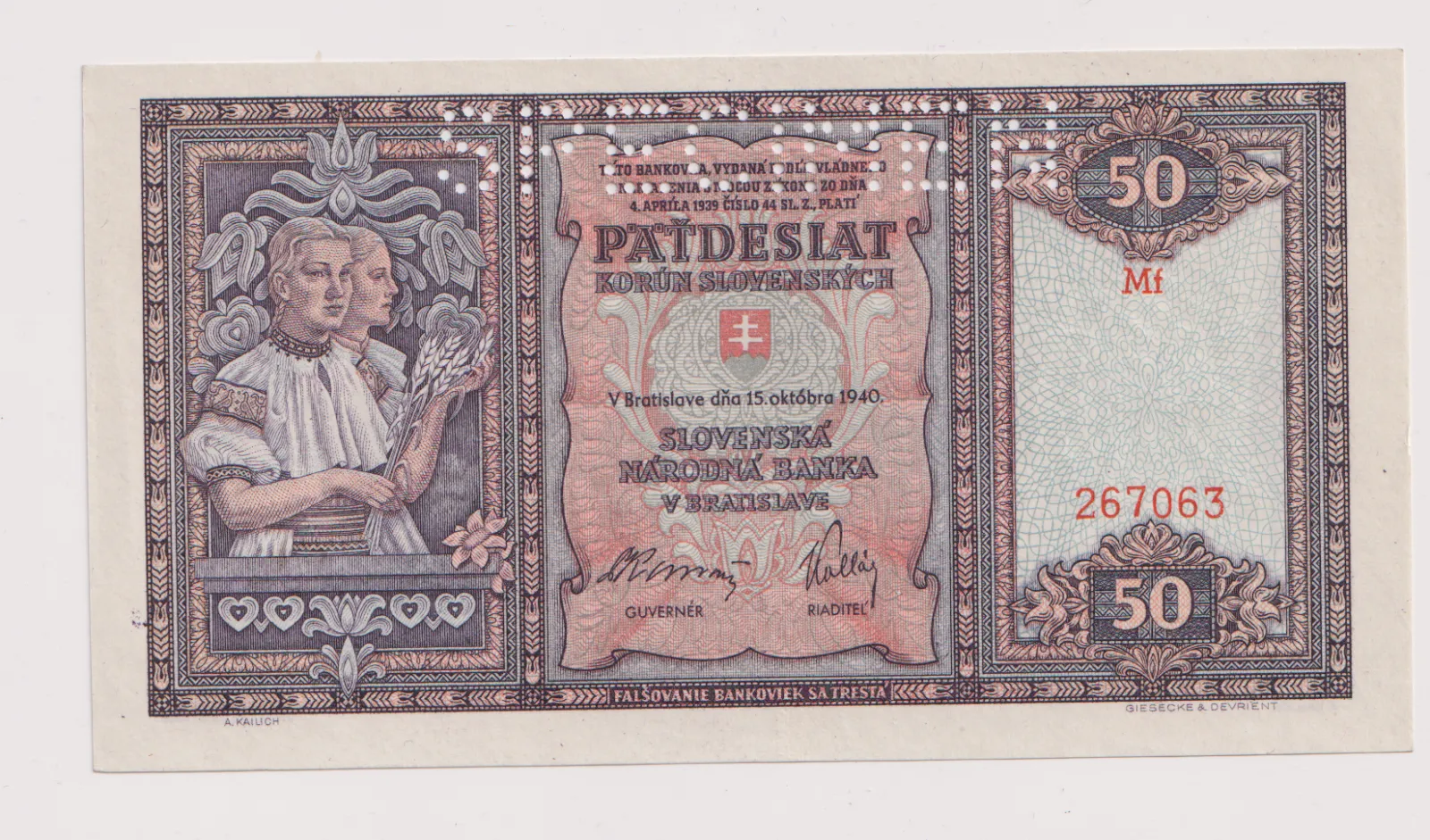 50 korun slovenských 1940,specimen Mf,Slovenský štát