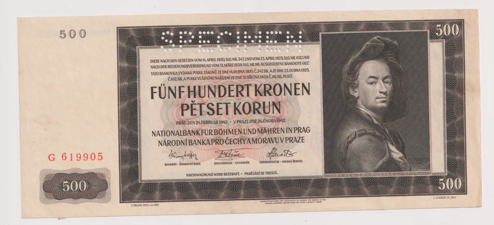500 korun 1942,specimen ,G 619905