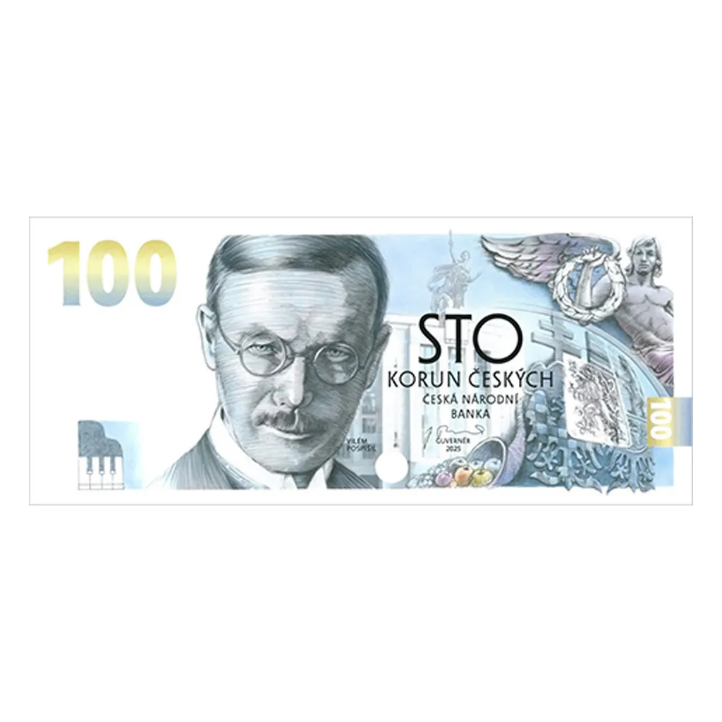 100Kč(2026-Vilém Pospíšil), stav UNC, třetí pamětní bankovka ČR, uložena v originálním balení ČNB