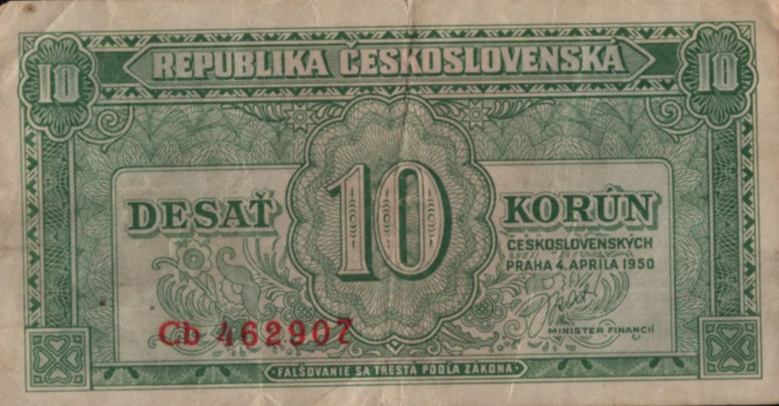 10Kčs/1950/, stav 3-, série dvoupísmenná
