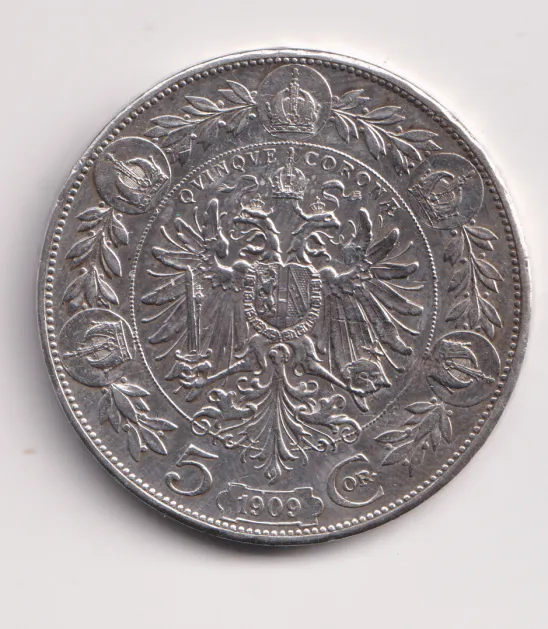 5 korun 1909.,velká hlava.,Rakousko