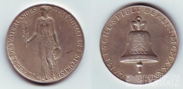 Stříbrná medaile Olympijských her v Berlíně 1936, Ag 21,75g, 36 mm, svastika