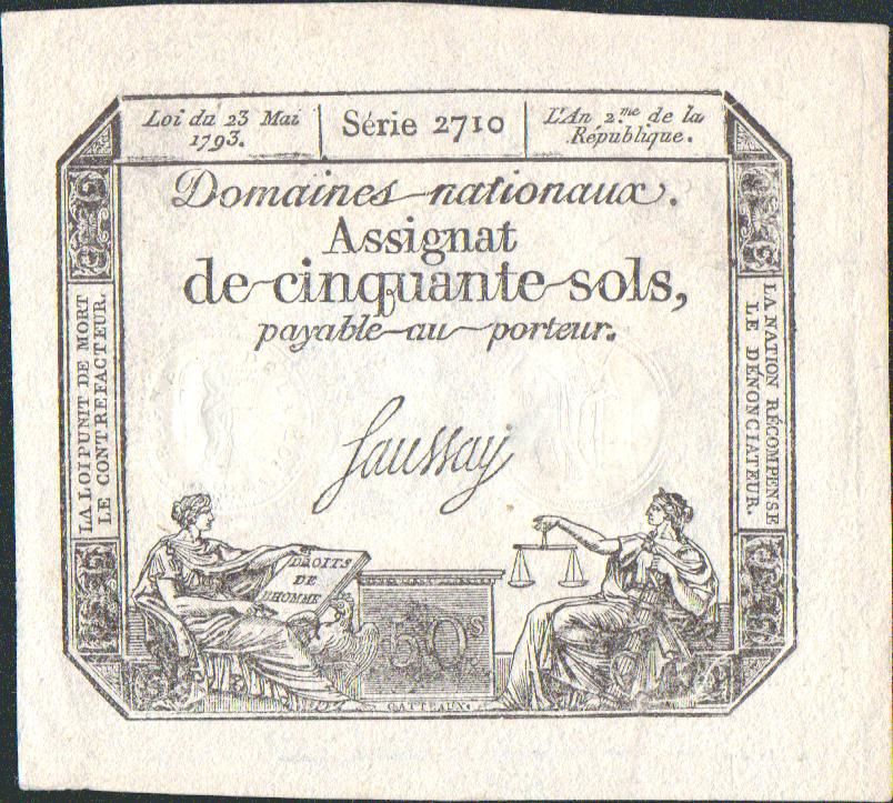 50Sous/1793-Asignát-Francie/, stav 0, velmi zachovalý!