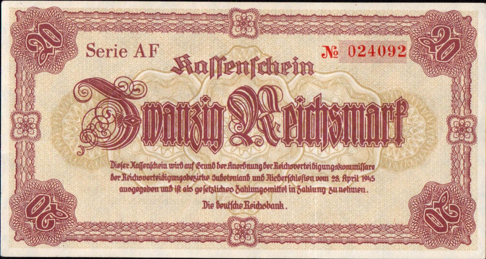 20 Reichsmark/1945-Liberec/, stav UNC, série AF, vzácná varianta číslovače - úzké No
