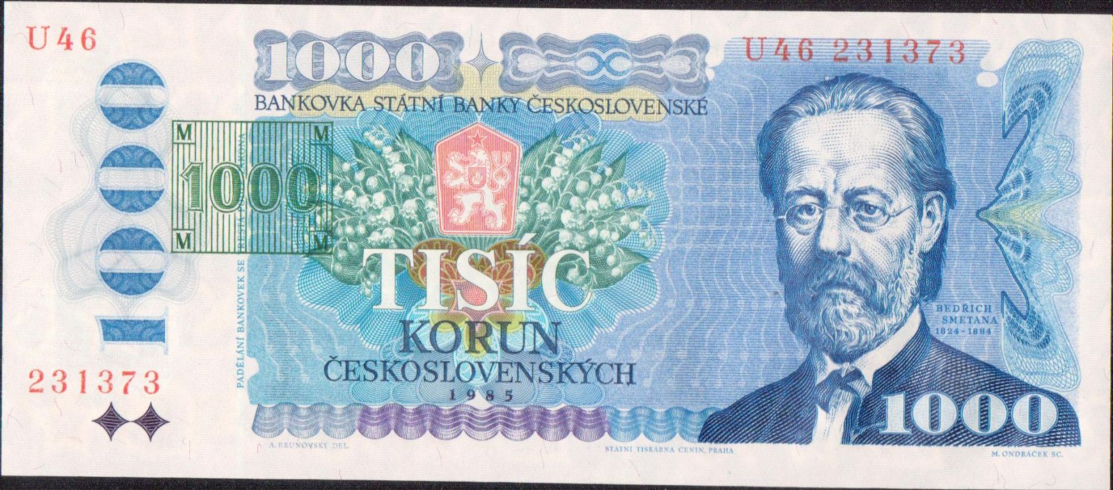 1000Kč/1985-93/, stav UNC, tištěný kolek ČR, série U