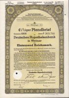 Dluhopis Deutsche Hypothekenbank in Weimar/1938/, 1000 Reichsmark, 4 1/2%, formát A4