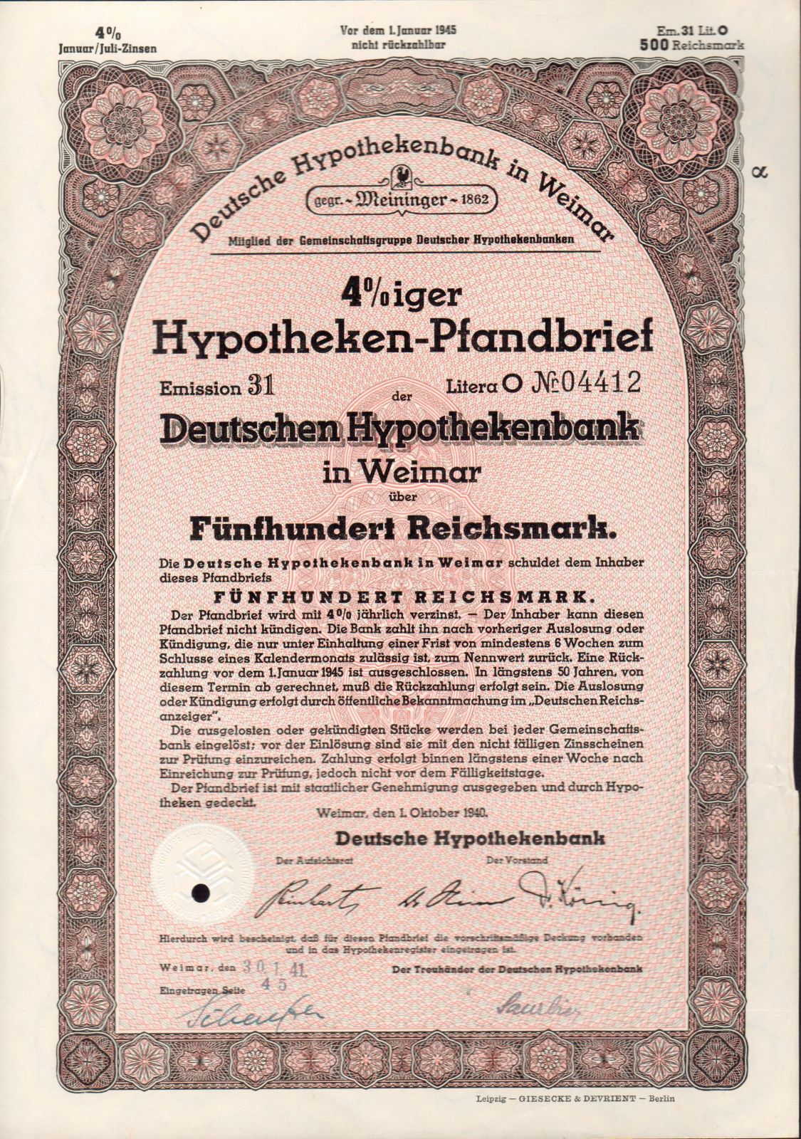 Dluhopis Deutsche hypothekenbank in Weimar/1940/, 500 Reichsmark, 4%, formát A4