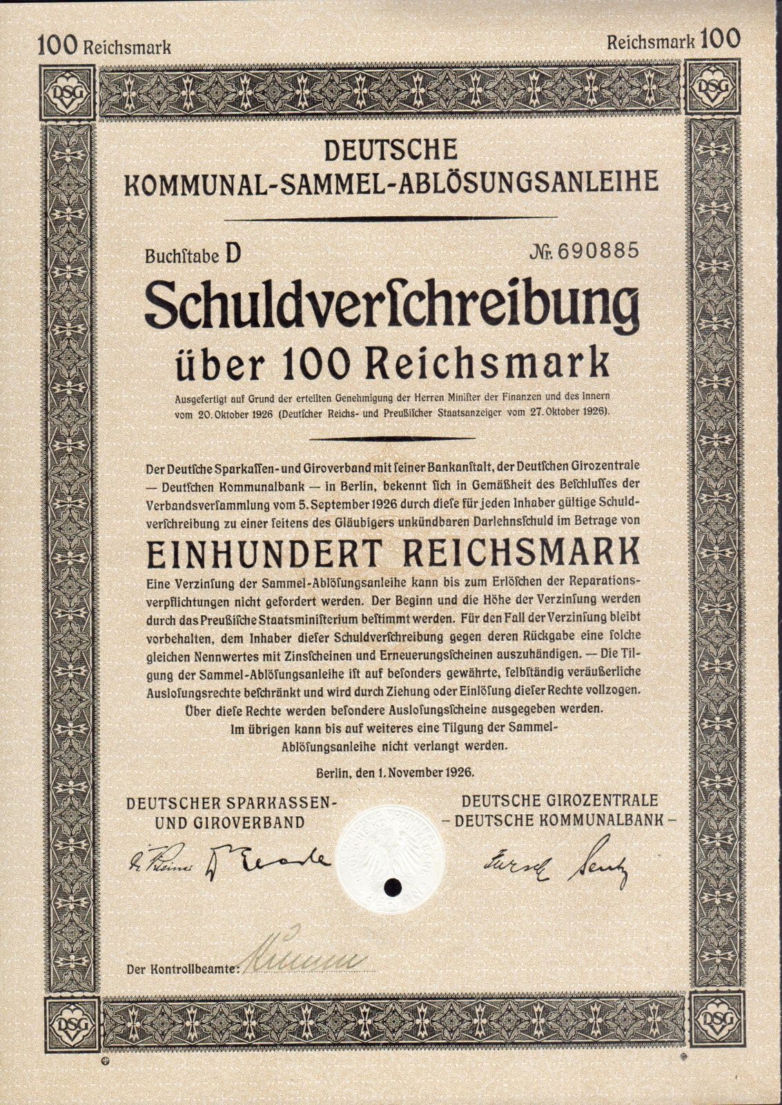 Dluhopis Deutsche Kommunal Sammel, Berlín/1926/ 100 Reichsmark, formát A4