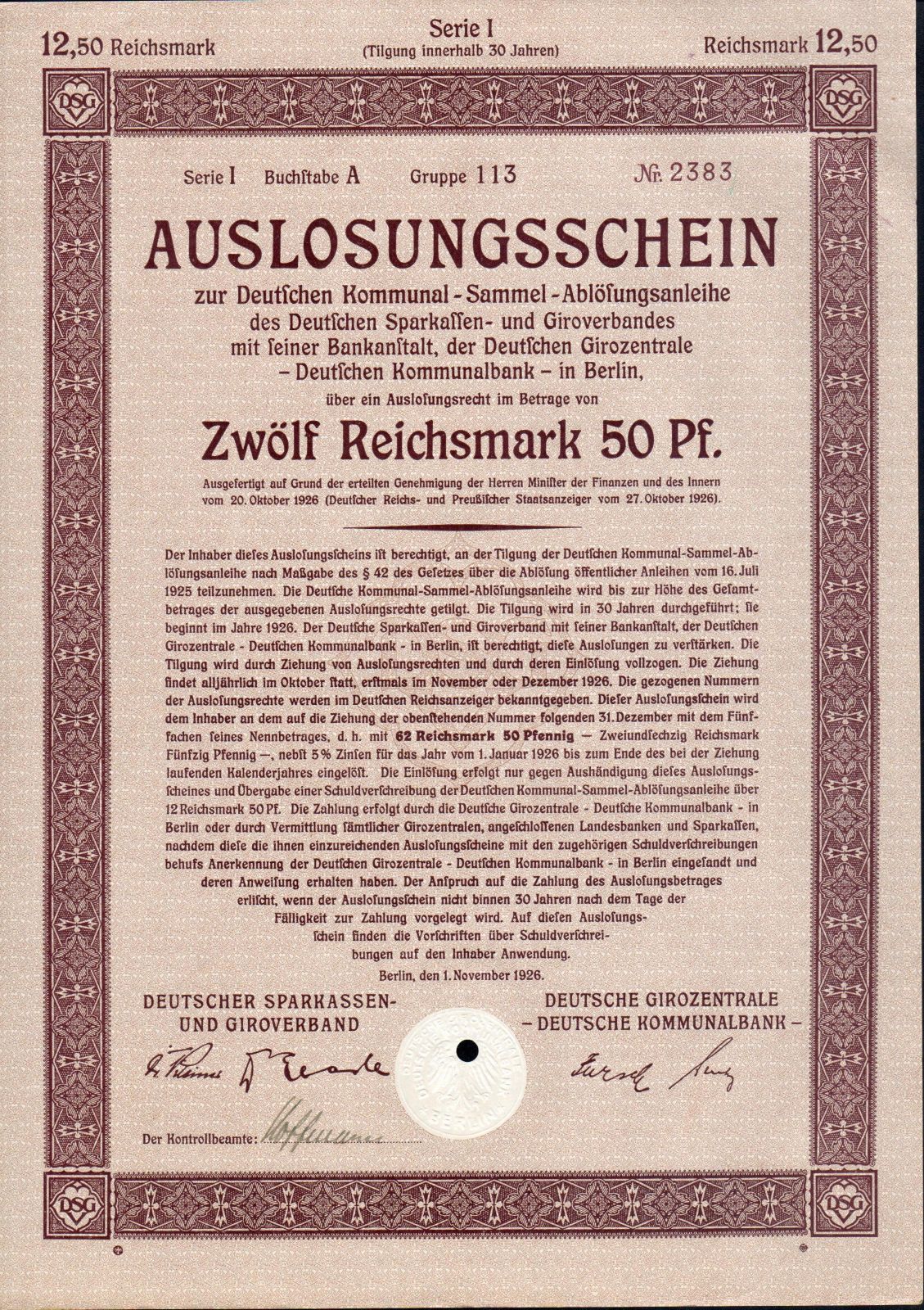 Dluhopis Deutsche Kommunal Sammel, Berlín/1926/ 12,50 Reichsmark, série I, formát A4