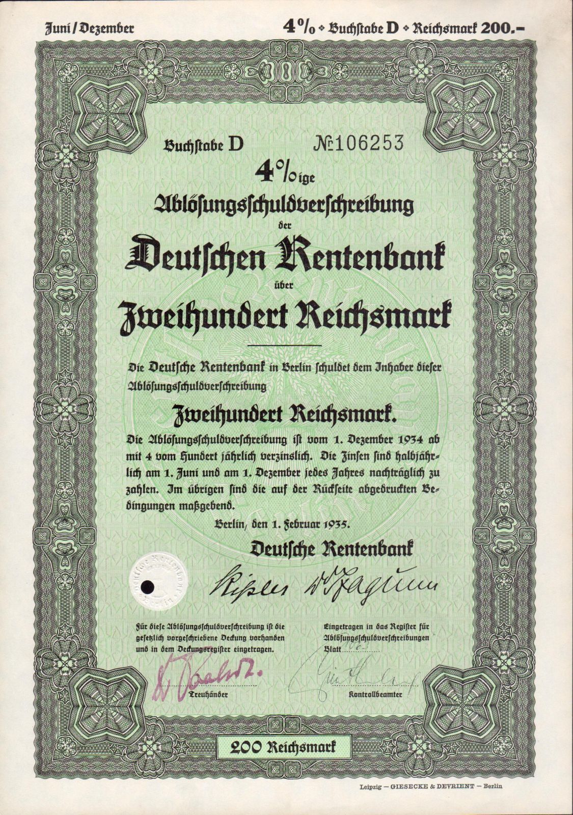 Dluhopis Deutschen Rentenbank, Berlín/1935/, 200 Reichsmark, 4%%, formát A4