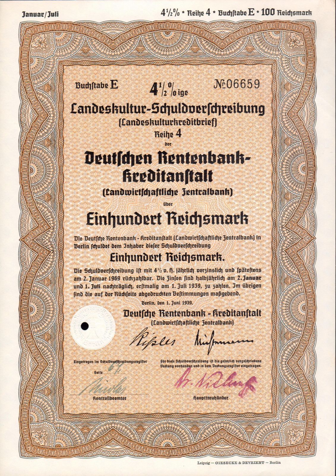 Dluhopis Deutschen Rentenbank Kreditanstalt, Berlín/1938/ 100 Reichsmark, 4 1/2%, formát A4