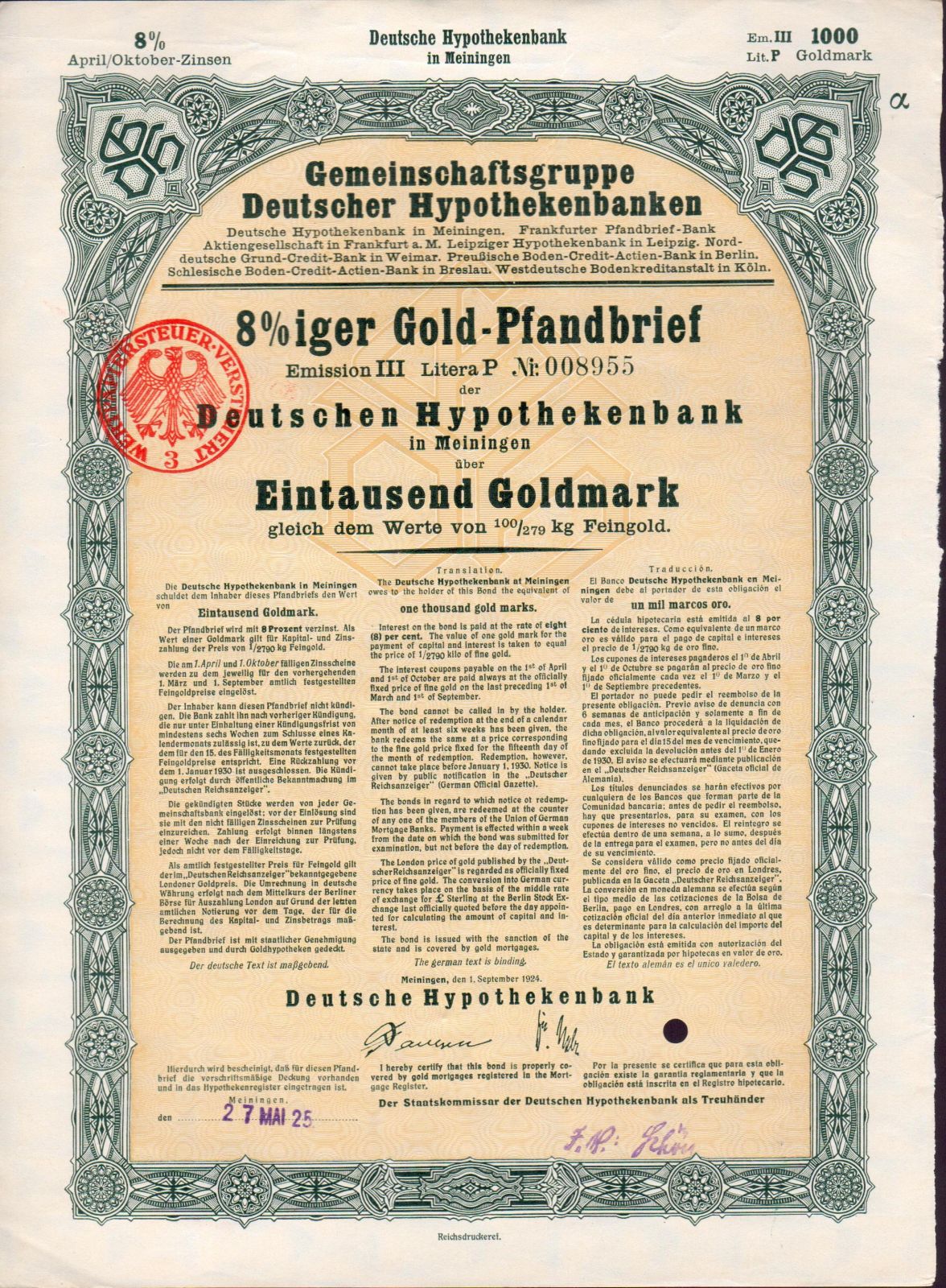Dluhopis Gemeinschaftsgruppe Deutscher Hypothekenbanken, Meininger/1924/, 1000 Goldmark, formát A4
