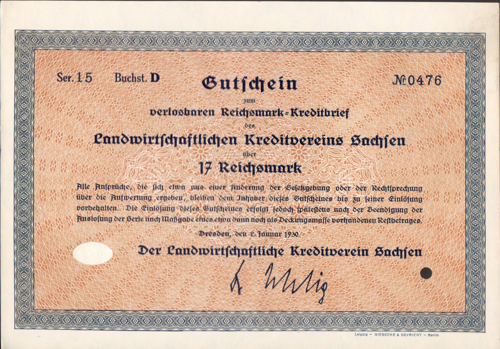 Dluhopis Landwirtschaftlichen Kreditverein Sachsen, Dresden/1930/, 17 Reichsmark