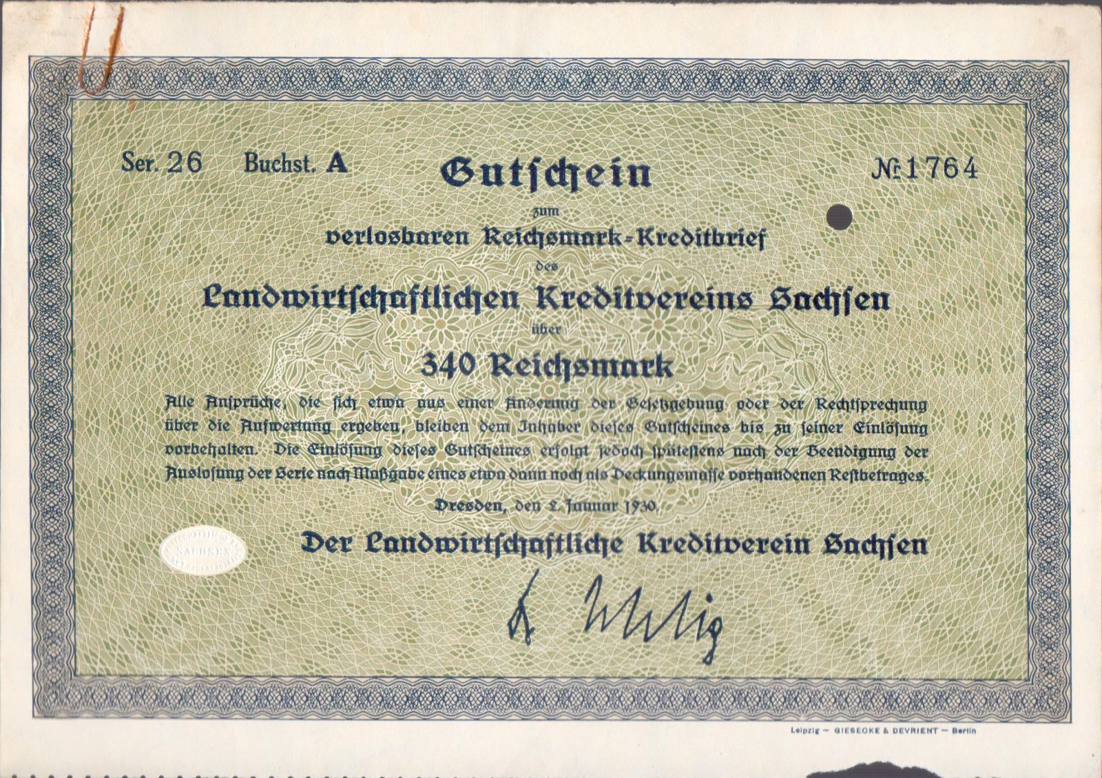 Dluhopis Landwirtschaftlichen Kreditverein Sachsen, Dresden/1930/, 340 Reichsmark