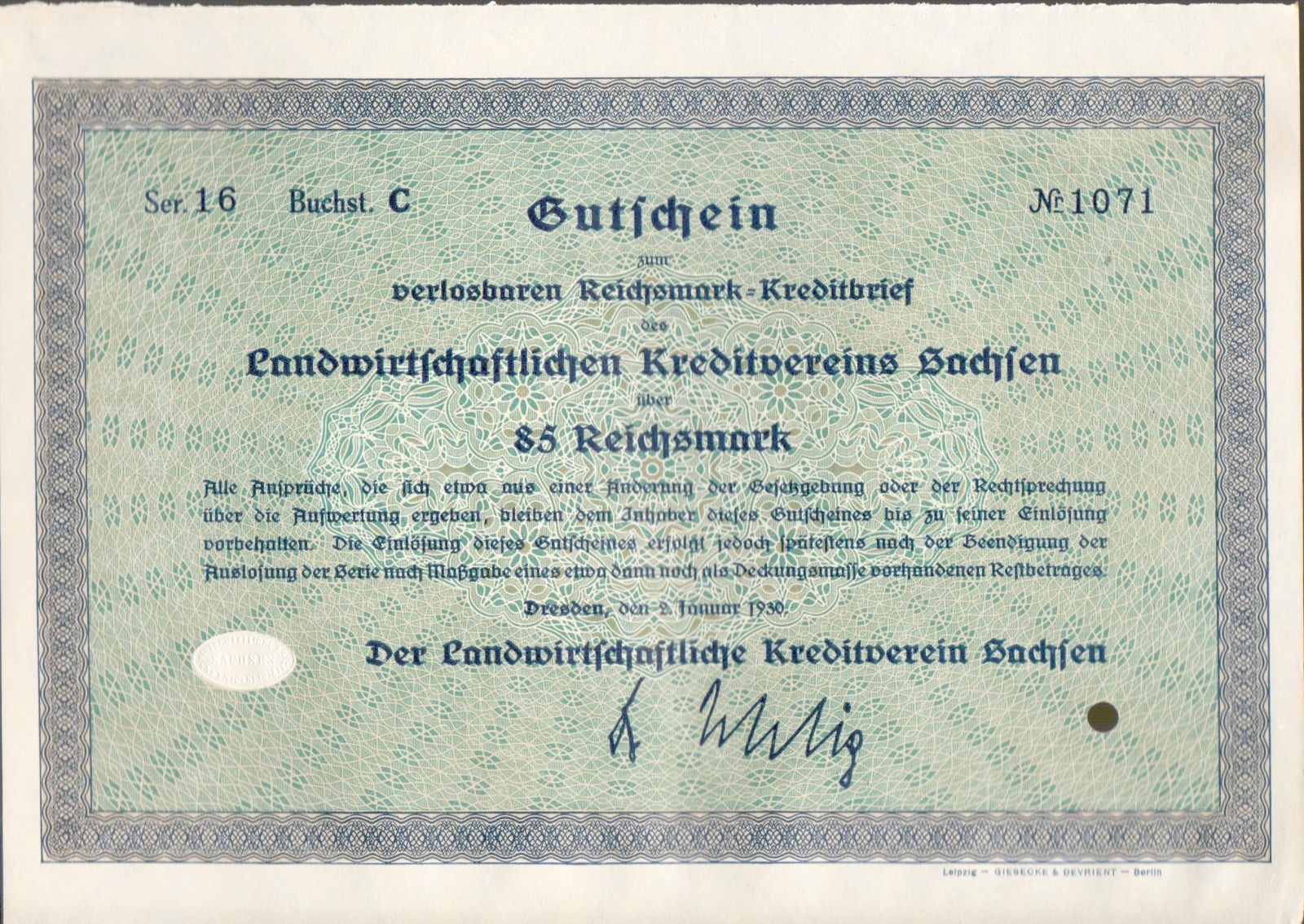 Dluhopis Landwirtschaftlichen Kreditverein Sachsen, Dresden/1930/, 5 Reichsmark