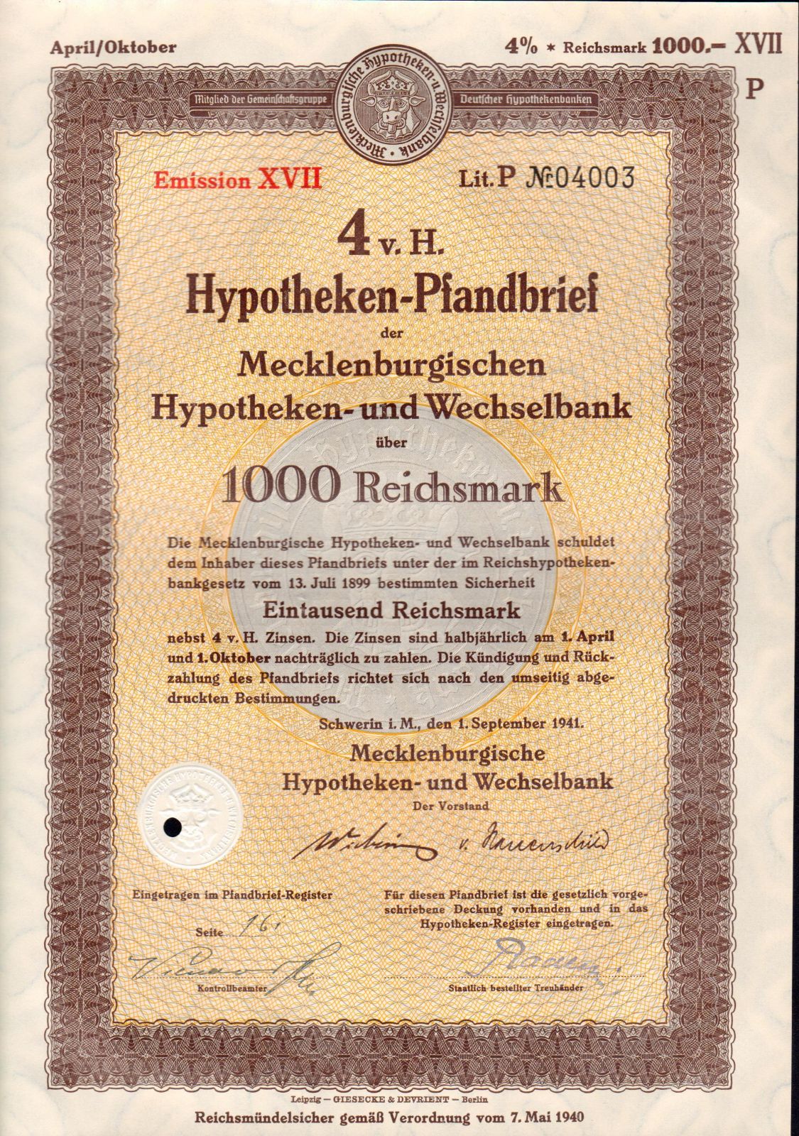 Dluhopis Mecklenburgischen Hypotheken und Wechselbank/1941/, 1000 Reichsmark, 4 %, formát A4