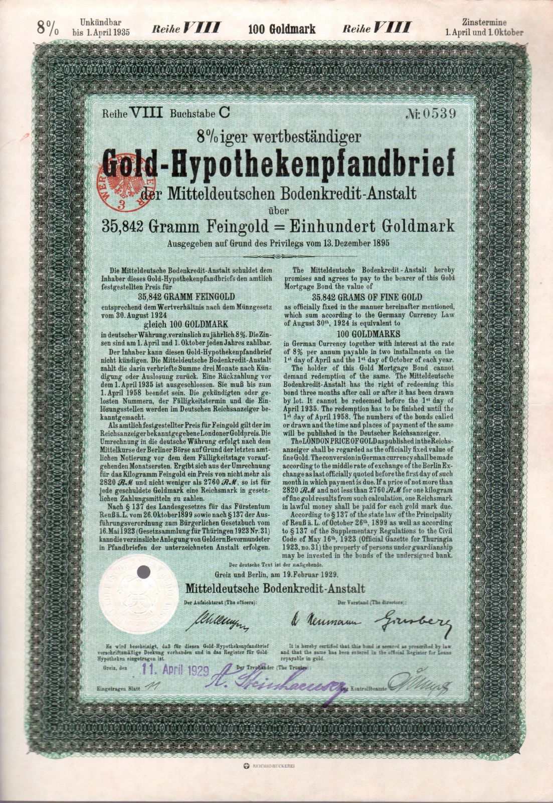 Dluhopis Mitteldeutschen Bodenkredit-Anstald, Berlín/1929/, 100 Goldmark=35,842g Au, 8%, formát A4