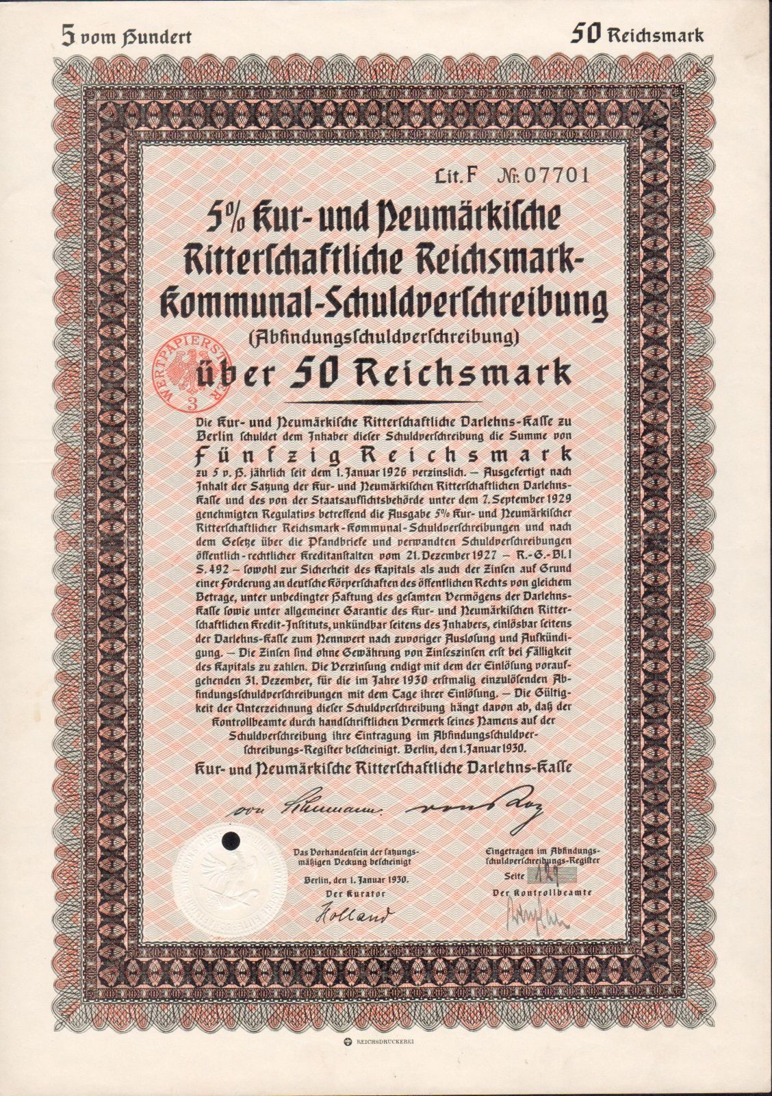 Půjčka Ritterschaftliche Darlehens Schuldverschreibung, Berlín /1930/, 50 Reichsmark, 5%, formát A4
