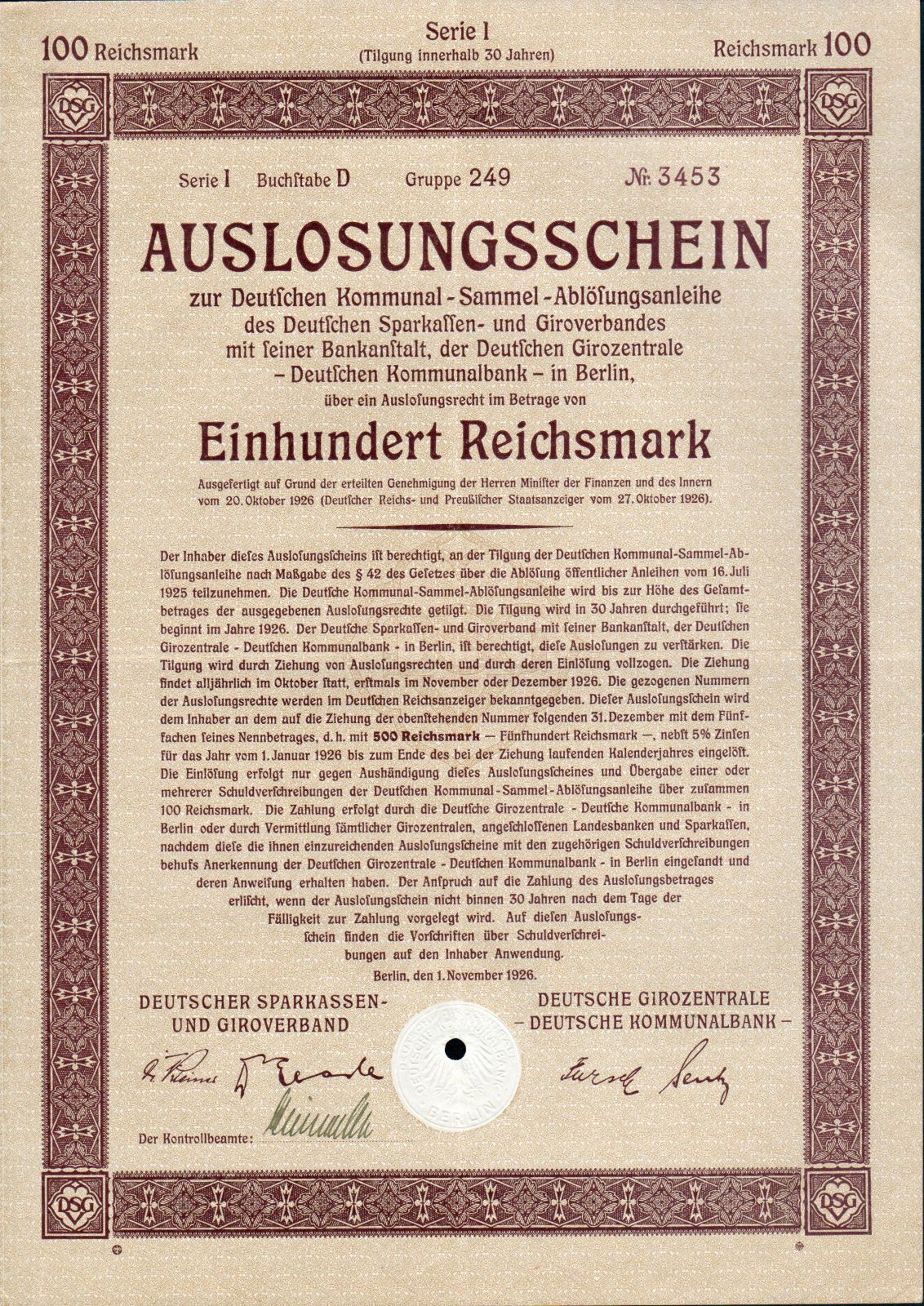 Dluhopis Deutsche Kommunal Sammel, Berlín/1926/ 100 Reichsmark, série I, formát A4