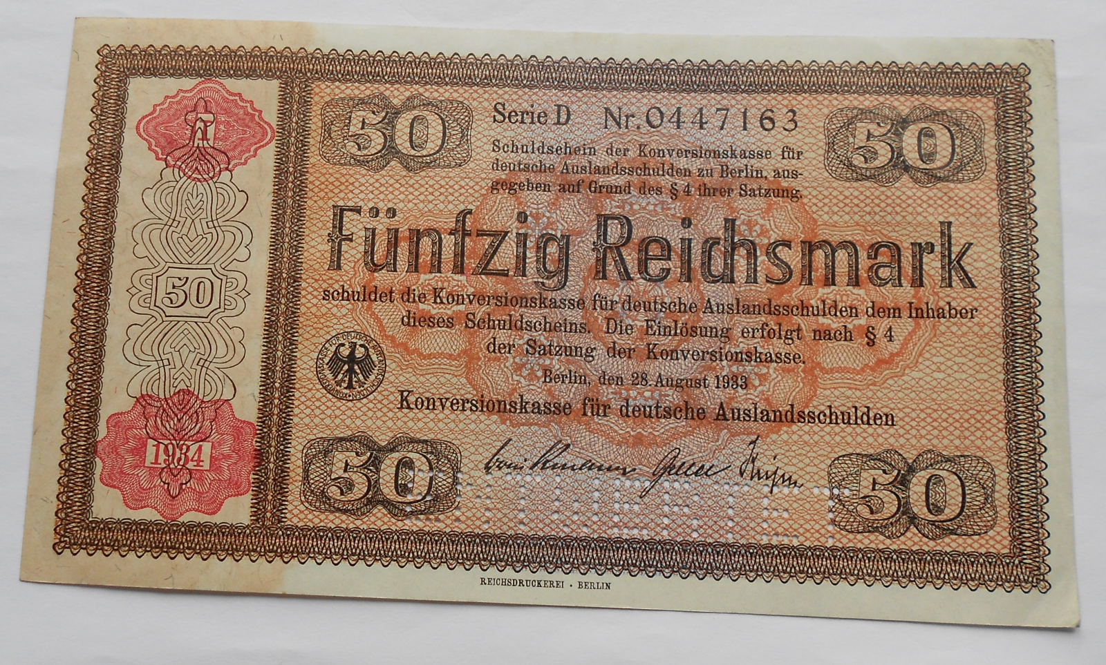 Německo 50RM 1934 Ro712 perforace ENTWERTET
