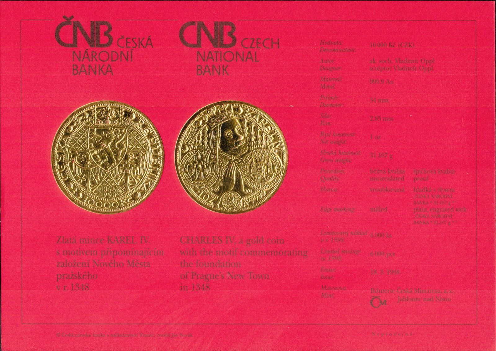 Originální certifikát k 10.000Kč 1998, Karel IV. - založení Nového Města pražského