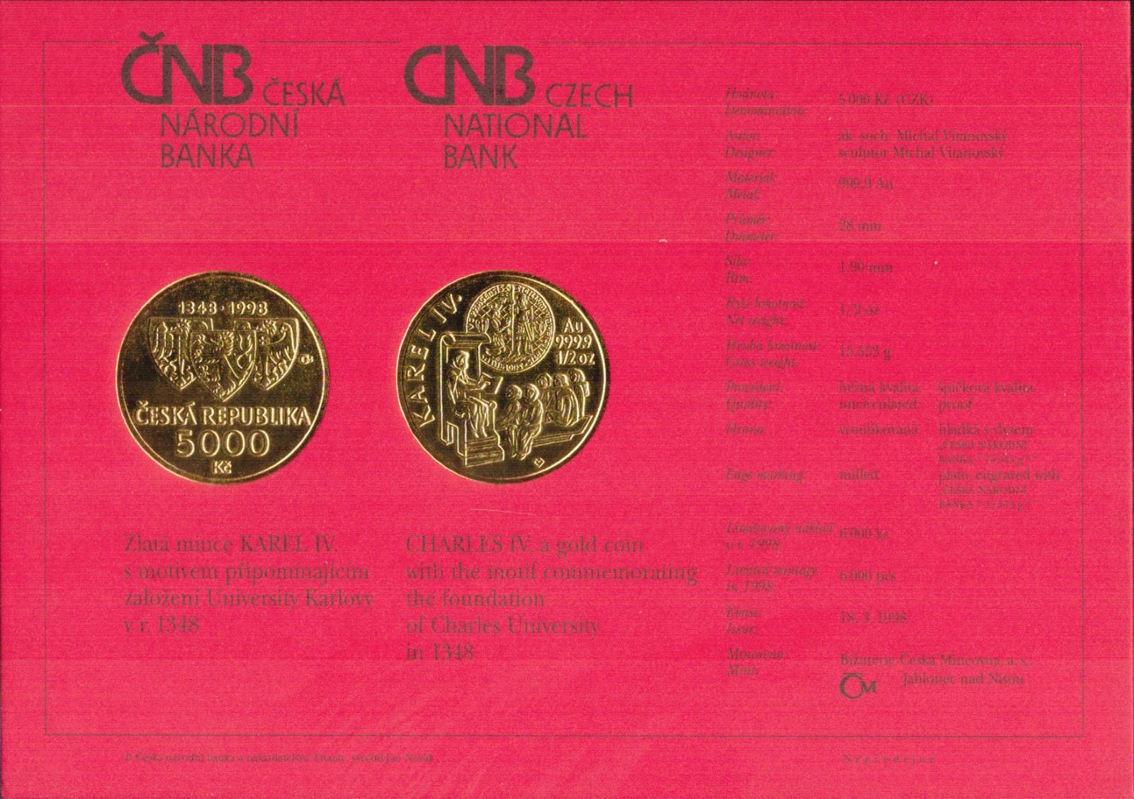 Originální certifikát k 5.000Kč 1998, Karel IV. - založení University Karlovy