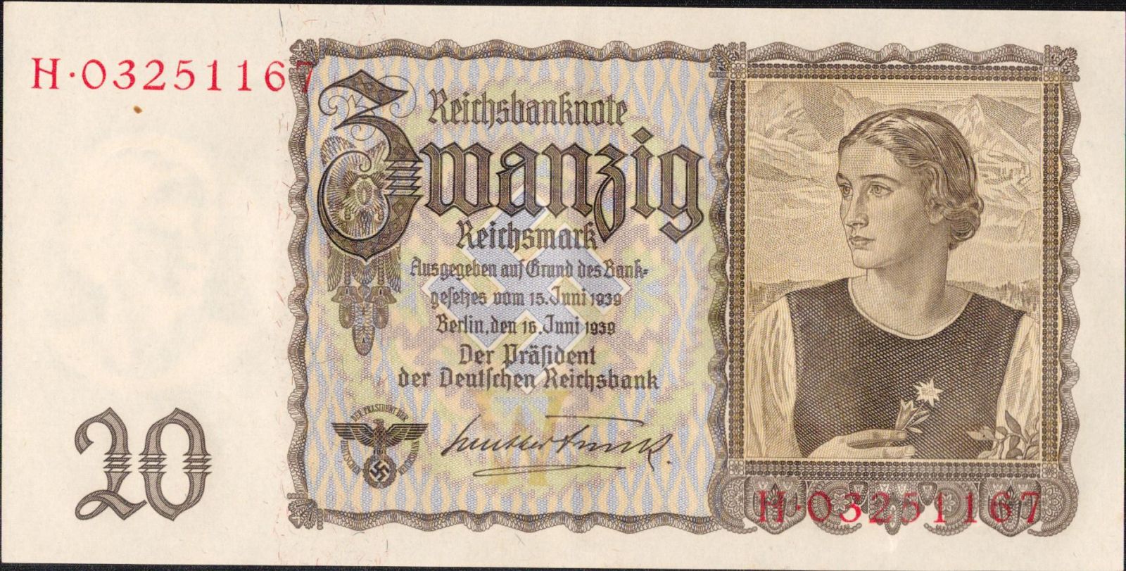 20Reichsmark/1939/, stav 1++, série H/W nebo I/W