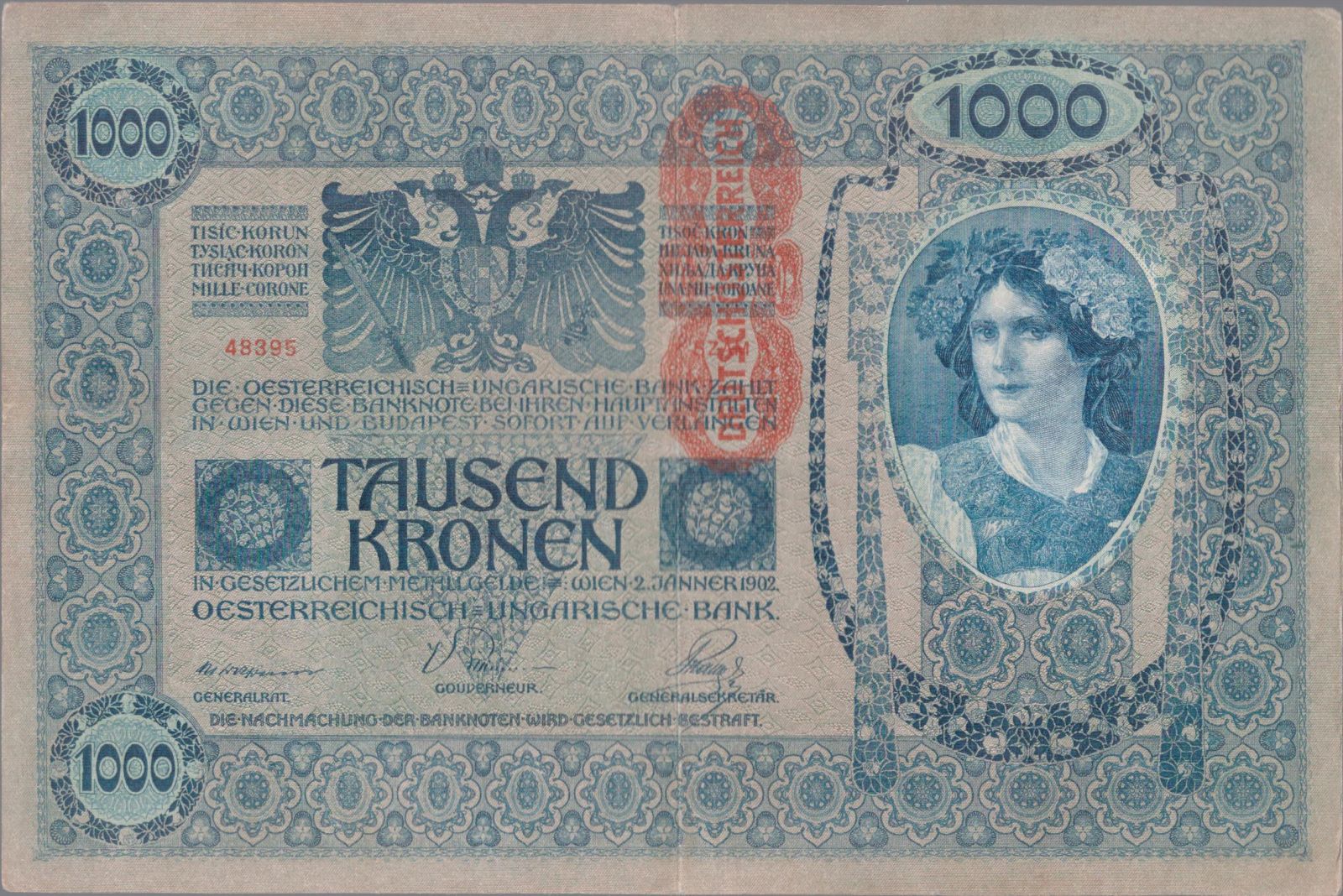 1000K/1902/, stav 2, přetisk DEUTSCHÖSTERREICH