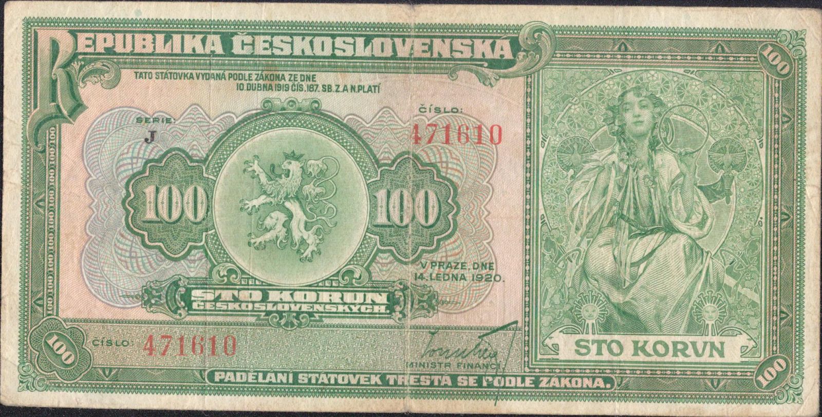 100Kč/1920/, stav 3-, série J