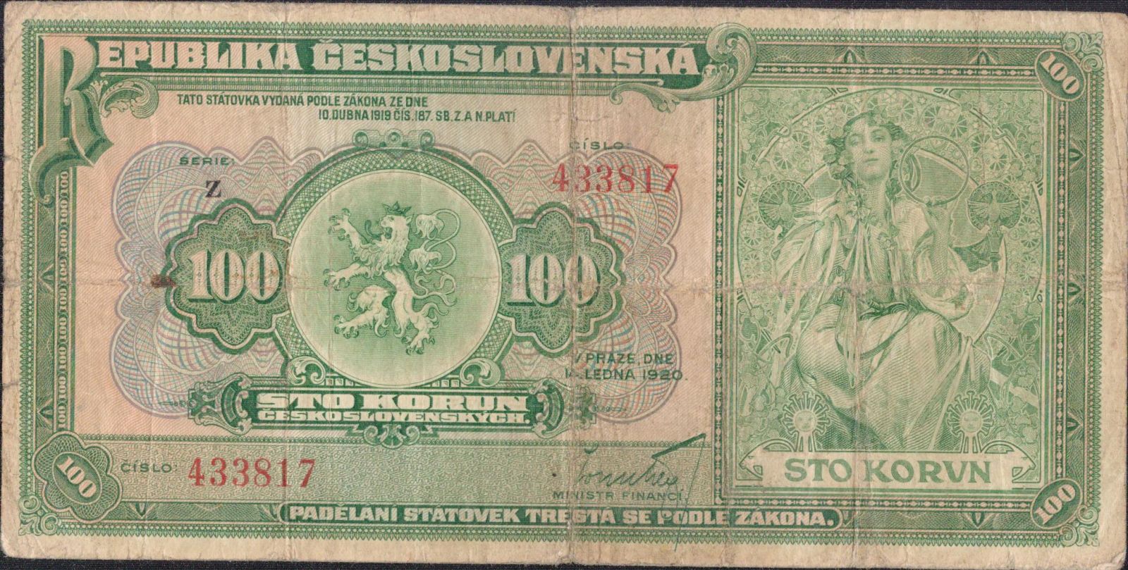 100Kč/1920/, stav 4+, série Z