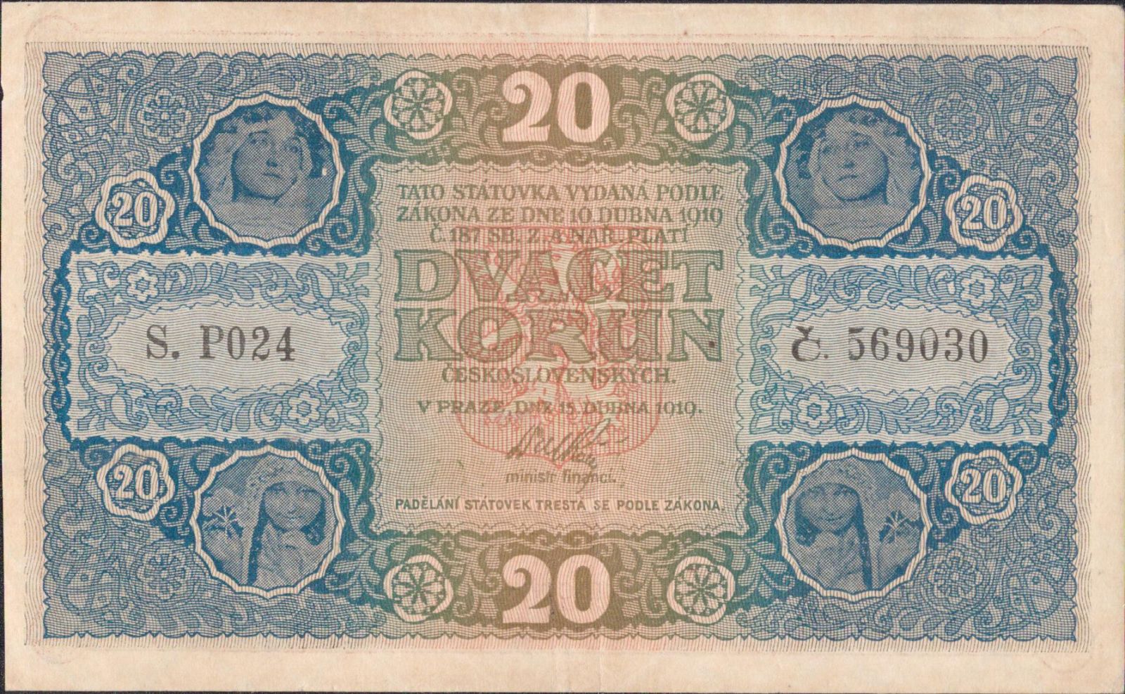 20Kč/1919/, stav 1-, série P 024