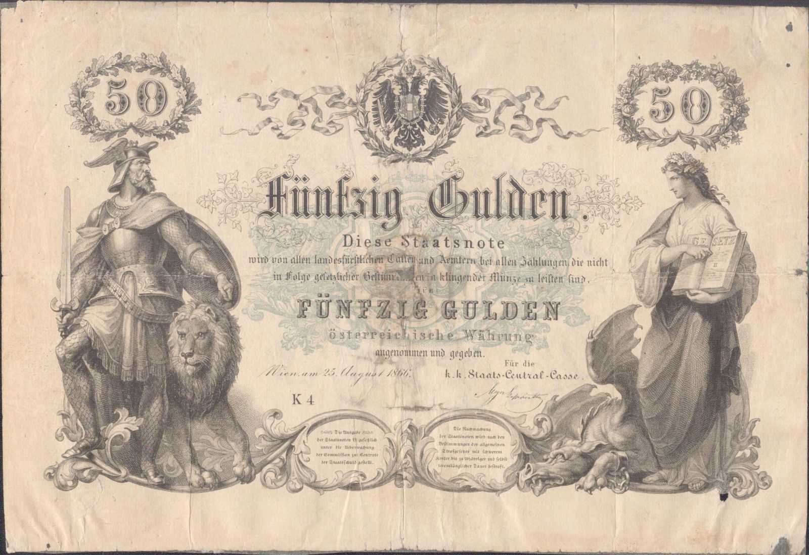 50Gulden/1866/, stav 4, série K 4, velmi vzácná!